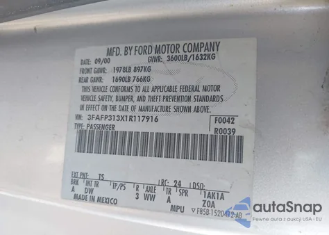 2001 Ford Focus Zx3 из США, поврежденный, VIN 3FAFP313X1R117916